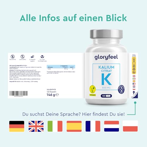 Kalium – 120 Kapseln mit 800 mg Kalium (aus Kaliumcitrat) pro Tagesdosis – für Blutdruck, Muskelfunktion & Nervensystem* – vegan, optimal dosiert, laborgeprüft