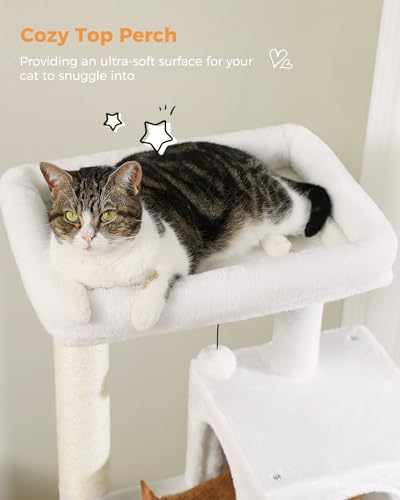 Image of MUTTROS Cat Tree for Large Cats with Metal Plush Big Hammock, 56.3 inch Cat Tower for Indoor Cats with 2 Door Condo House, 6-Tier Cat Shelves with Scratching Posts and Large Top Perch, Cream White