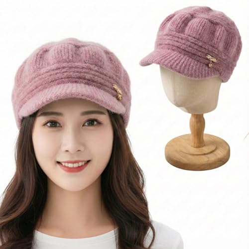 Image of Kraptick Women's Winter Knit Visor Beanie Hat with Soft Fleece Lining, Stylish Woollen Slouchy Warm Cap for Ladies, Snow Sun Shield Knit Cap for Winter -2