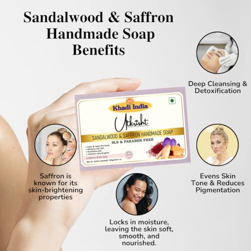Image of Khadi Sandalwood & Saffron Handmade Bathing Soap Bar 125g | Natural & Herbal | Deep Cleansing for Glowing & Brightening Skin | Evens Out Skin Tone | All Skin Types | Men & Women