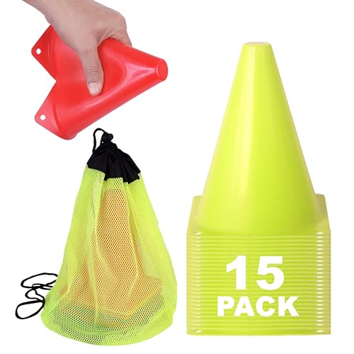 Athllete Unisex Sports Cones, 7 in Plastic Sport Cones for Drills, 15 Pack, Neon Yellow