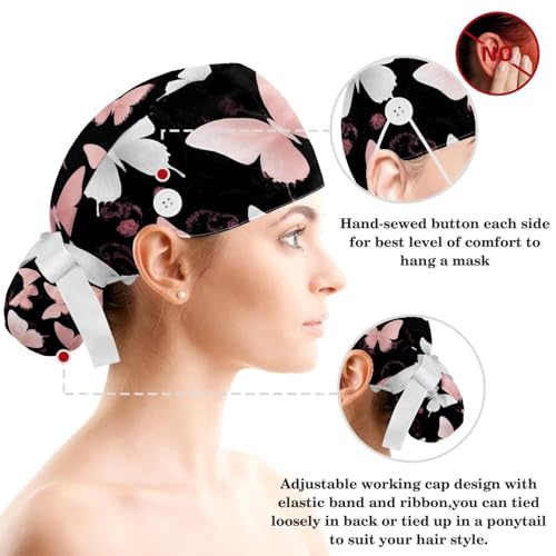 Image of Butterfly Scrub Cap Women with Ponytail & Buttons Adjustable Surgical Nurse Hat with Cotton Sweatband for Long Hair