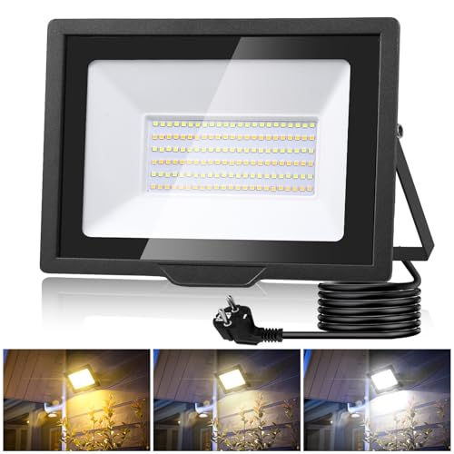 wowspeed LED Strahler Außen Mit Stecker - 100W 3000K/4500K/6500K, 10000LM Superhell Fluter, IP65 Wasserdicht Scheinwerfer für Hof, Garten, Sportplatz