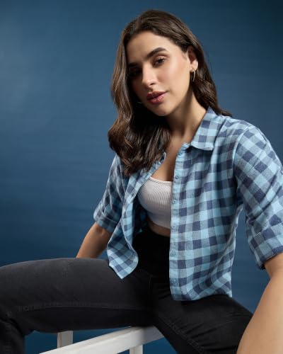 Image of Chimpaaanzee Women Checks Half Sleeve Crop Shirt