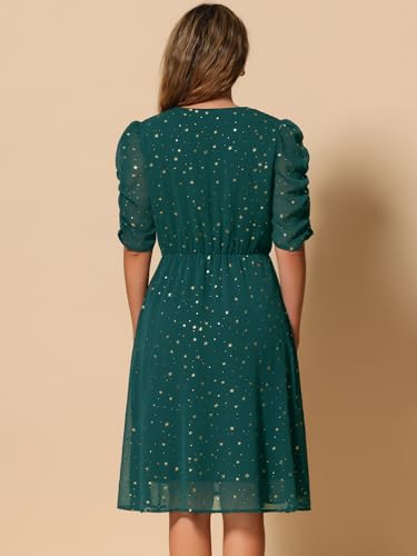 Image of Allegra K Chiffon Dress for Women's Metallic Stars Ruched Sleeve V Neck A-line Dress