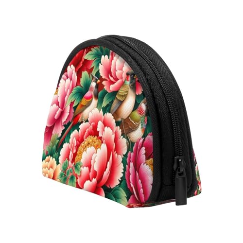 Portable Coin Purse Chinese-Bulbuls-Peonies Mini Zippered Money Pouch Card Holder4