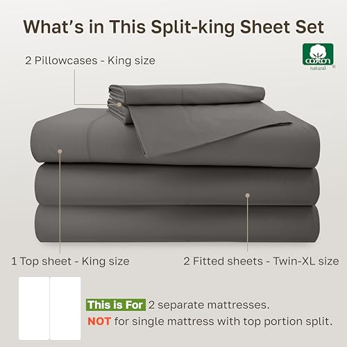 Image of California Design Den Sheet Set Split-King - 500 Thread Count 100% Cotton, Sateen Weave, Breathable Sheet Set, Luxury Sheets for Adjustable Bed Split King, 100% Cotton - Dark Grey