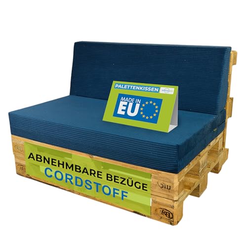 Pillows24 - Palettenkissen 2-teiliges Set aus Cordstoff | Sitzkissen & Rückenkissen für Europaletten 120x80 | Weiche Palettenauflage für Wohnzimmer, Garten oder Balkon | Made in EU | Blau