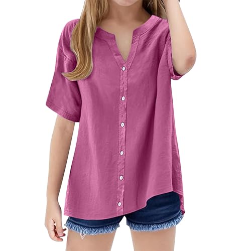 Girls' Summer Linen Shirt | Boho Button Down Blouse | Loose Fit V-Neck Short Sleeve Top | Trendy Kids Teen Clothes