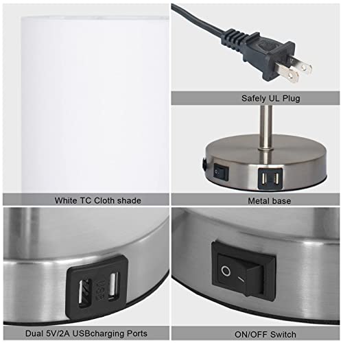 Minghe Bedside Table Lamp,With 2 Usb Ports,Nickel Plated Charger Base With White Tc Cloth Shade,On/Off Switch, Modern Desk Lamp For Bedroom, Living Room,Office,Led Bulb Included (Pack Of 2) #TOP2