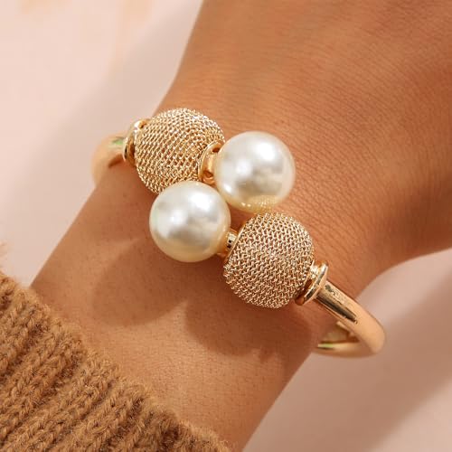 FUTIMELY Unique Chunky Gold Pearl Cuff Bracelet for Women,Wide Ball Pearl Statement Bracelet for Party Cocktail,Trendy Chic Clasp Wrist Jewelry Accessories3