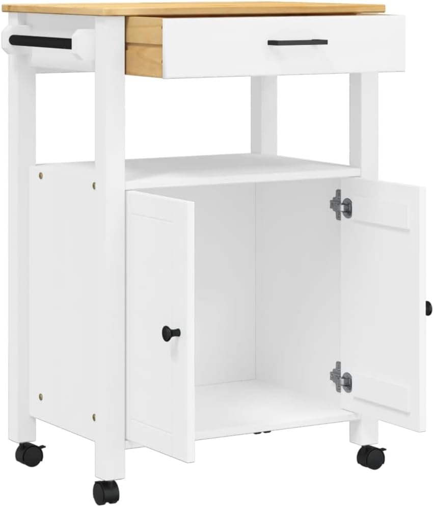 KCCLVER Kitchen Trolley Monza with the top drawer pulled out and both cabinet doors open, revealing storage space.