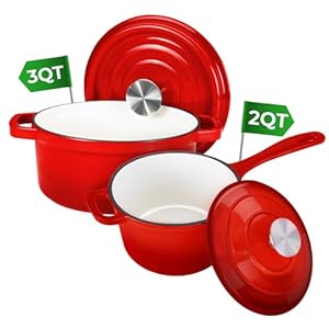 Healthy Choices 3 Qt Dutch Oven Pot with Lid + 2 Qt Small Sauce Pan with Lid, Enameled Cast Iron Cookware Set, Smooth Enameled Finish, Use to Marinate, Cook, Bake, Refrigerate and Serve
