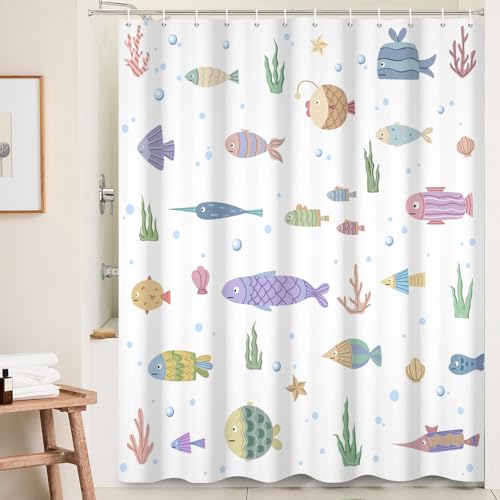 Ttincceer Cartoon Sealife Duschvorhang Ozean Fisch Koralle Unterwasser U-Boot Landschaft Badezimmer Gardinen mit Haken für Kinder 180x180cm Wasserdicht Unterwasser Welt Bad Dekorativ