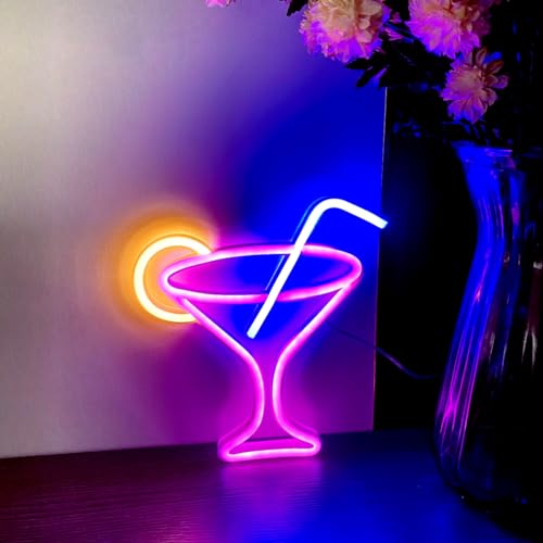 Image of Pink Neon Cocktails Sign, LED Wine Glass Night Light - Dual Powered (Battery & USB) for Wall Decor, Club, Restaurant, Shop