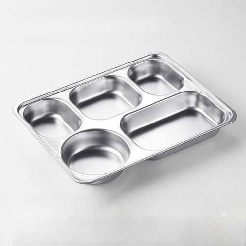 Qfmr 5枚セットステンレス製食器 学校食堂 企業食堂 仕切り付き 深型タイプ お手入れ簡単 耐汚れ 防止 大容量 幼稚園 食材の組み合わせ 収納便利 シンプルデザイン 日常の食事 浅型タイプ 匂い移り 健康志向 実用的 多仕切り区画 耐久性 (浅い*5