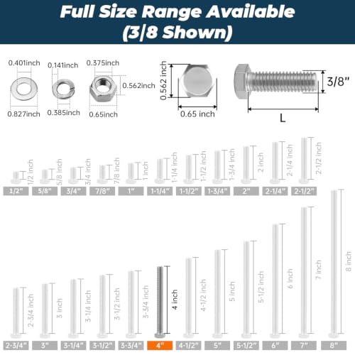 Image of 6 Sets Glvaner 3 /8-16 x 4 Stainless Steel Hex Head Screws Bolts, Nuts, Flat & Lock Washers, 18-8 (304) Stainless Steel, Full Thread, Coarse Thread