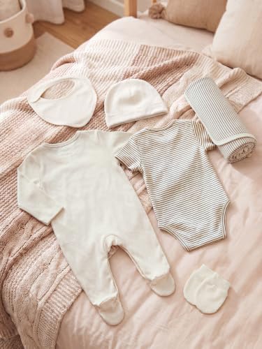 Image of 6 Pcs Clothing Gift Set with Box, 100% Cotton Soft & Breathable 6-Piece Layette Set with Bodysuit, Romper, Bib, Cap, Mittens & Swaddle, 0-12 Months, All-Season Wear