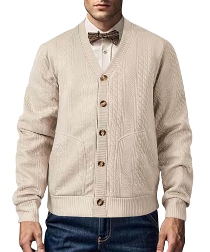 Men's Cardigan Sweater Long Sleeve Casual Lightweight V Neck Button Down Cable Knit Sweater with Pockets