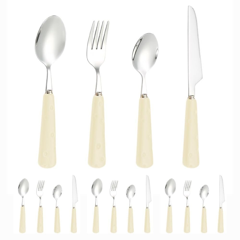 Light Luxury Cute Ceramic Cheese Handle Kitchen Stainless Steel Silverware Tableware Flatware Cutlery Set Steak Knife Fork Spoon Teaspoon (White,16 Pieces)
