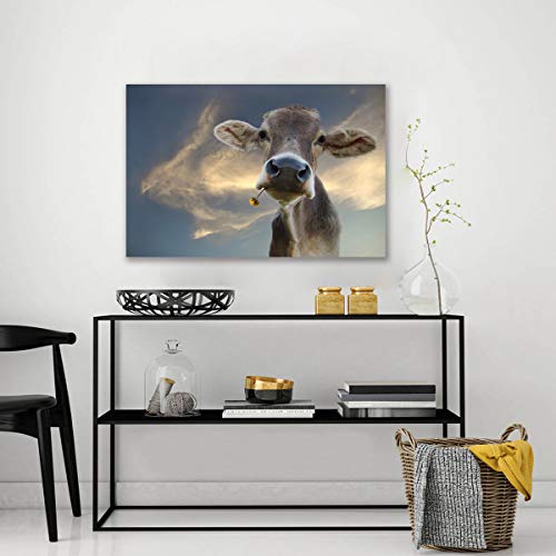 Tableau vache avec fleurs 30x50 cm encadré pour décoration de salon - 4