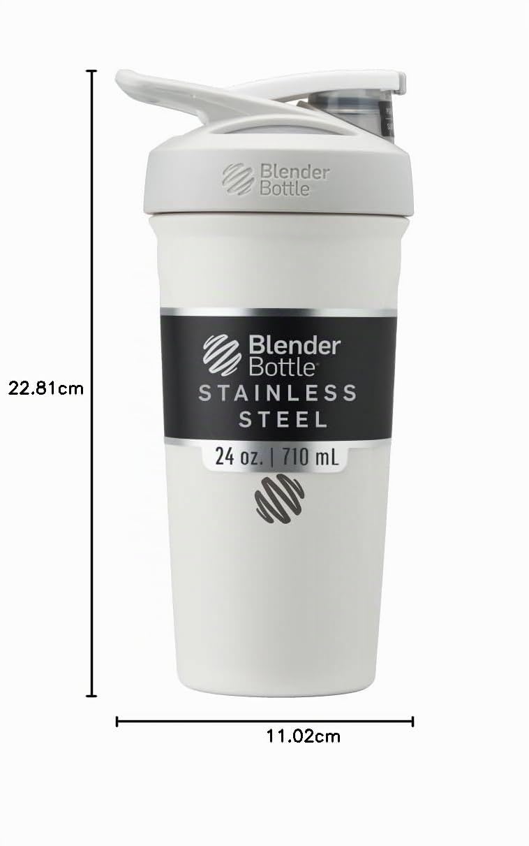 BlenderBottle Strada - Botella de acero inoxidable, botella térmica con BlenderBall, coctelera de proteínas y agitador de fitness, libre de BPA, doble pared, aislado al vacío, blanco, 375 g
