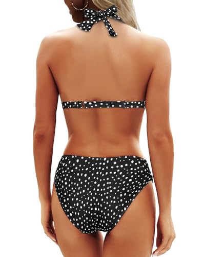 Image of Yonique Women Two Piece Bathing Suits Push Up Bikini Set Halter Swimsuit Vintage Swimwear Black Polka Dot L