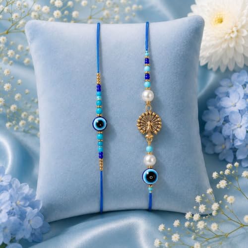 Image of Oblivion Rakhi for Bhai Bhabhi - Evil Eye Design Stylish Rakhi with Beads for Bhai & Lumba For Bhabi with Silver Color Coin, Greeting Card & Tilak Set - Traditional Raksha Bandhan Festive Combo Set