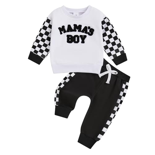 Image of FOCUSNORM Toddler Baby Boy Fall outfit Mama's Boy Letter Embroidery Sweatshirt Top Elastic Pants Set Cute 2pcs Winter Clothes