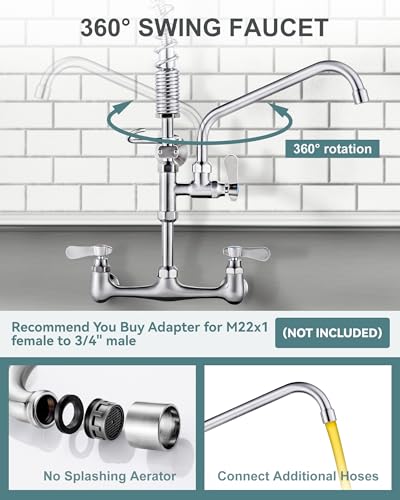 Image of 21 inch Height Commercial Faucet Wall Mount with Sprayer 10 inch Swing Spout 8 inch Adjustable Center, Kitchen Sink Faucets with Pull Down Pre-Rinse Sprayer for Restaurant Industrial Kitchen, Brushed Nickel