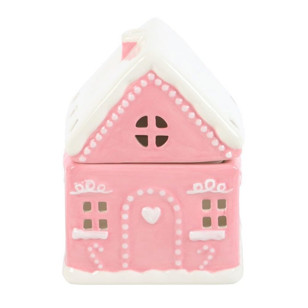 Something Different Wholesale Pink Gingerbread House Oil Burner - Festive Ceramic Aromatherapy Diffuser For Home And Office - Delightful Fragrance Warmer With Tealight Candle Holder - Gift For Holiday Ambiance And Relaxation