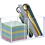MyGift Clear Acrylic Office Sticky Note and Stationary Holder, Desktop Pencil Cup Storage Caddy with Self Adhesive Memo Pad Stand