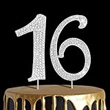 Number Cake Topper 16, UNIIDECO Silver Rhinestone Premium Metal Bling Bling Cake Decor, Sparkly Happ