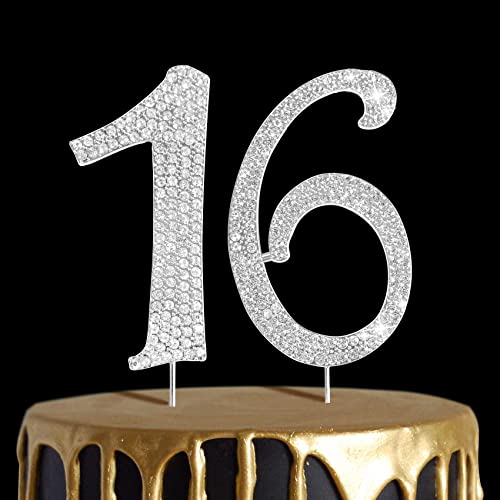 Number Cake Topper 16, Uniideco Silver Rhinestone Premium Metal Bling Bling Cake Decor, Sparkly Happy Birthday Wedding Anniversary Party Decoration Centerpiece #TOP11