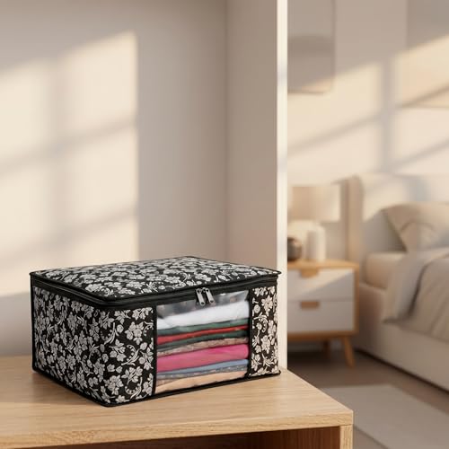 Image of Flower Printed Saree Cover for Storage & Wardrobe with Transparent Window & Zipper Closure | Cloth Organizer | Dustproof, Breathable Wardrobe Organizer for Travel & Home | Black Pack of 5