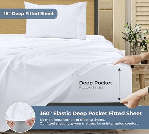 Image of ROYALE LINENS 100% Organic Cotton Twin Sheet Set - Percale Weave - 3 Pieces Set - 1 Flat, 1 Deep Pocket Fitted Sheet and 1 Pillowcases - White Bed Sheets - Sabanas Twin - Crisp Cool (White)