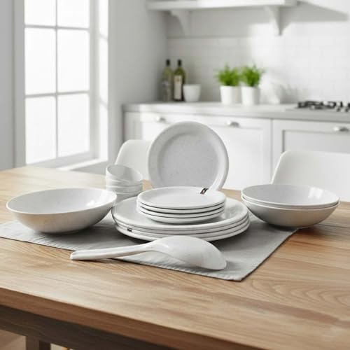 Image of Go Hooked 16-Piece Melamine Dinner Set | Speckled White Crockery with 4 Full Plates, 4 Quarter Plates, 4 Soup Bowls, 1 Large & 2 Small Serving Bowls + Serving Spoon | Break-Resistant & Keeps Food Warm