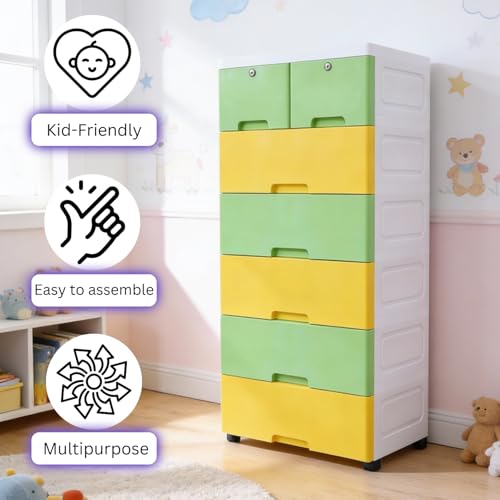 Image of The Tickle Toe 7-Drawer Plastic Chest for Kids | Child-Safe Storage Cabinet with Locks | Organizer for Clothes & Toys | 51L x 33W x 121H cm (Yellow Green)