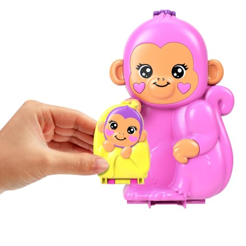 Polly Pocket Puppen & Spielset mit Tieren und 13 Accessoires, 2-in-1 Affenmama und Baby, tragbare Tasche und Tierspielzeug, HWP04