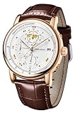 LOUIE JUELEN Men's Quartz Watches with Subdials Stainless Steel Analog Wrist Watch Date-Display Waterproof Luminous Chronograph Dress Watch for Men, Rose Gold Shell White Dial Brown Strap