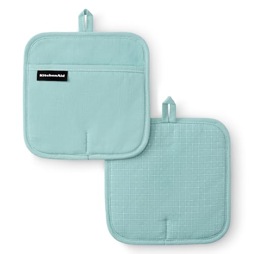 KITCHENAID Gourmet Series Gridlines Pot Holders 2-Pack Set, Heat Resistant up to 600°F, Soft Silicone Grip, Magnetic Cuff, Mineral Water Aqua, 8"x8"
