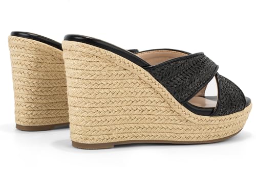 Image of Women's Wedge Platform Sandals - Stylish Raffia Woven Espadrilles Summer Sandals Women's Open Toe Buckle Ankle Wedge Heels