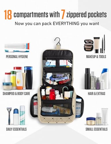 Image of VENTURE 4TH Hanging Travel Toiletry Bag, 17 Compartments - Beige Diamonds | Hangs on rails, hooks or doors; stands upright too. Removable TSA pouch. Water-resistant 900D Nylon, reinforced stitching.