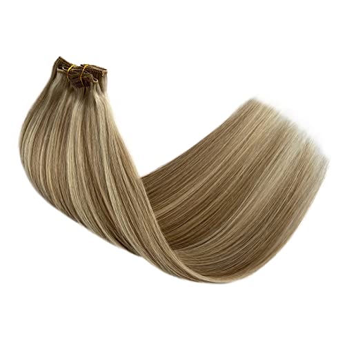 Image of Balayage Blonde Clip in Hair Extensions Real Human Hair 14 Inch 5pcs /70g Walnut Brown to Ash Brown Mixed Platinum Blonde Remy Human Hair Extensions Silky Straight Double Weft Clip in Extensions