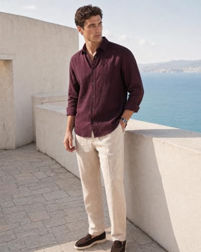 Image of Nobero Breezy Premium Linen Cotton Shirt for Men | Stylish Casual Shirts for Men | Semi Cut Collar | Box Pleat | Curved Hem | Regular Fit | Full Sleeve | S-XXXL