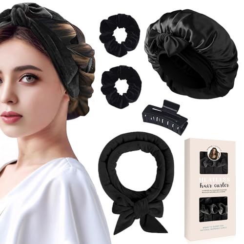 5 Pcs Ferro Arricciacapelli Senza Calore, Bigodini per Styling Capelli, Set di Bigodini per Capelli e Cuffia,Fascia Morbida Curler Arricciacapelli per Capelli Medi Lunghi-Nero