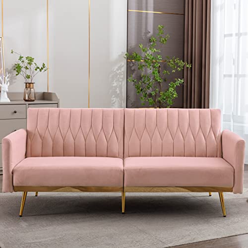 Ttgieet Velvet Convertible Futon Sofa Bed With Golden Metal Legs, 70" Tufted Loveseat Couch Sleeper Futon Sofa With Adjustable Armrests For Home Living Room Bedroom (Pink) #TOP2