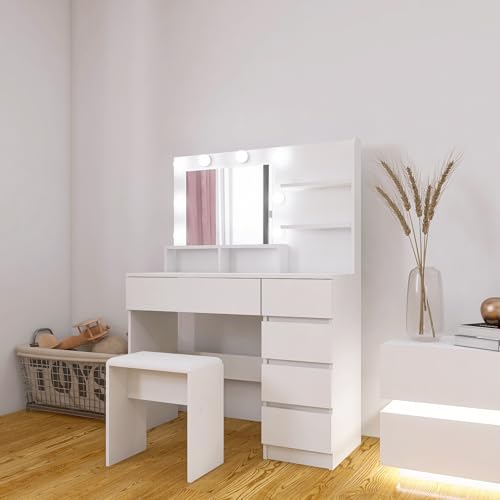 aphrophina Elegant Makeup Vanity Desk Set with Adjustable Mirror & Lighting, Ample Storage, Modern Design, White with Stool