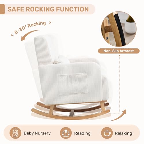 Image of HCHAIRH Rocking Chair with Ottoman, Corduroy Upholstered Glider Rocker with High Backrest and Side Pocket, Comfy Reading Chair with Solid Wood Legs for Nursery, Living Room,Bedroom Beige