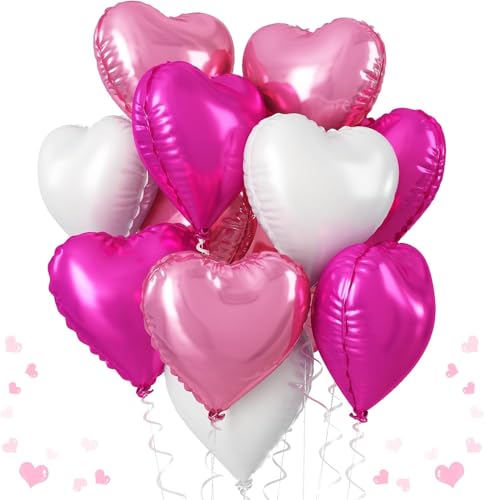 AMFIN (Pack of 5) 18 Inch Heart Foil Balloons - Light Pink, Dark Pink & White